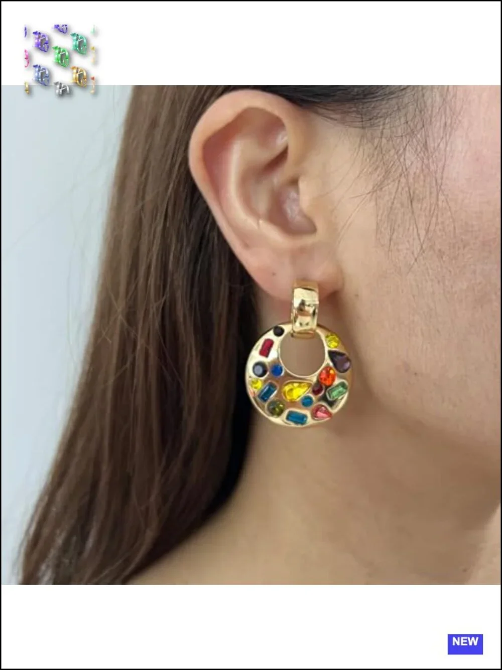 Chunky Door Knocker Drop Earrings with Multicolor Crystal